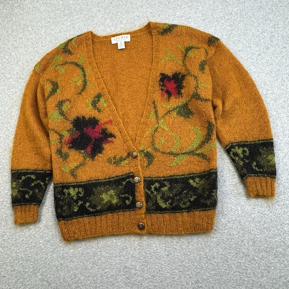 VTG 80s‎ 90s Studio by Michelle Stuart Mohair Wool Cardigan Medium Floral Fuzzy